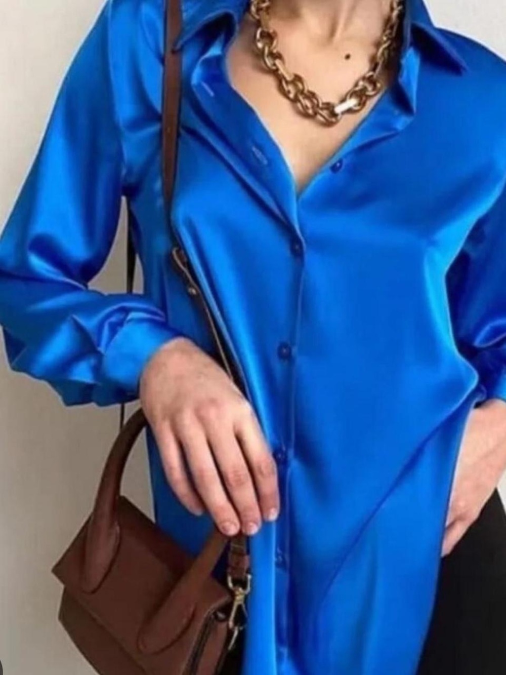 Zara Satin Long-Sleeve Button-Down Shirt - Blue